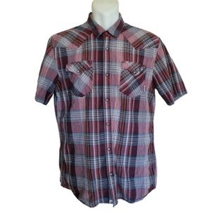 Vans Rockabilly Maroon Plaid Pearl Snap Button Short Sleeve Shirt Size Men's XL